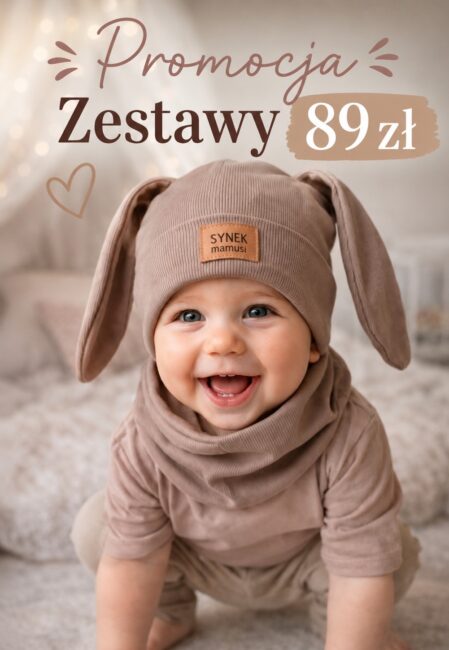 PROMOCJA Czapka królik+chusta wiązana/komin cappucino