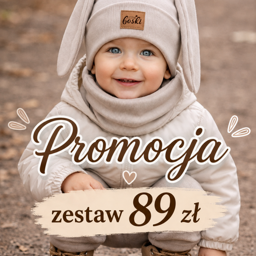PROMOCJA Czapka królik+chusta wiązana/komin subtelny beż