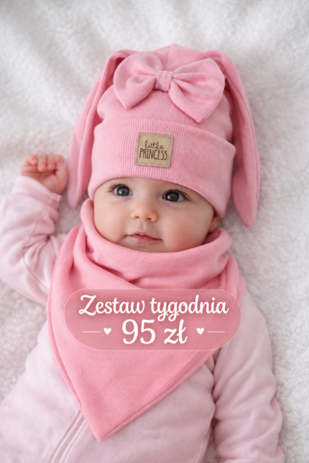 czapka dla dziewczynki z uszkami królika i kokardą różowa